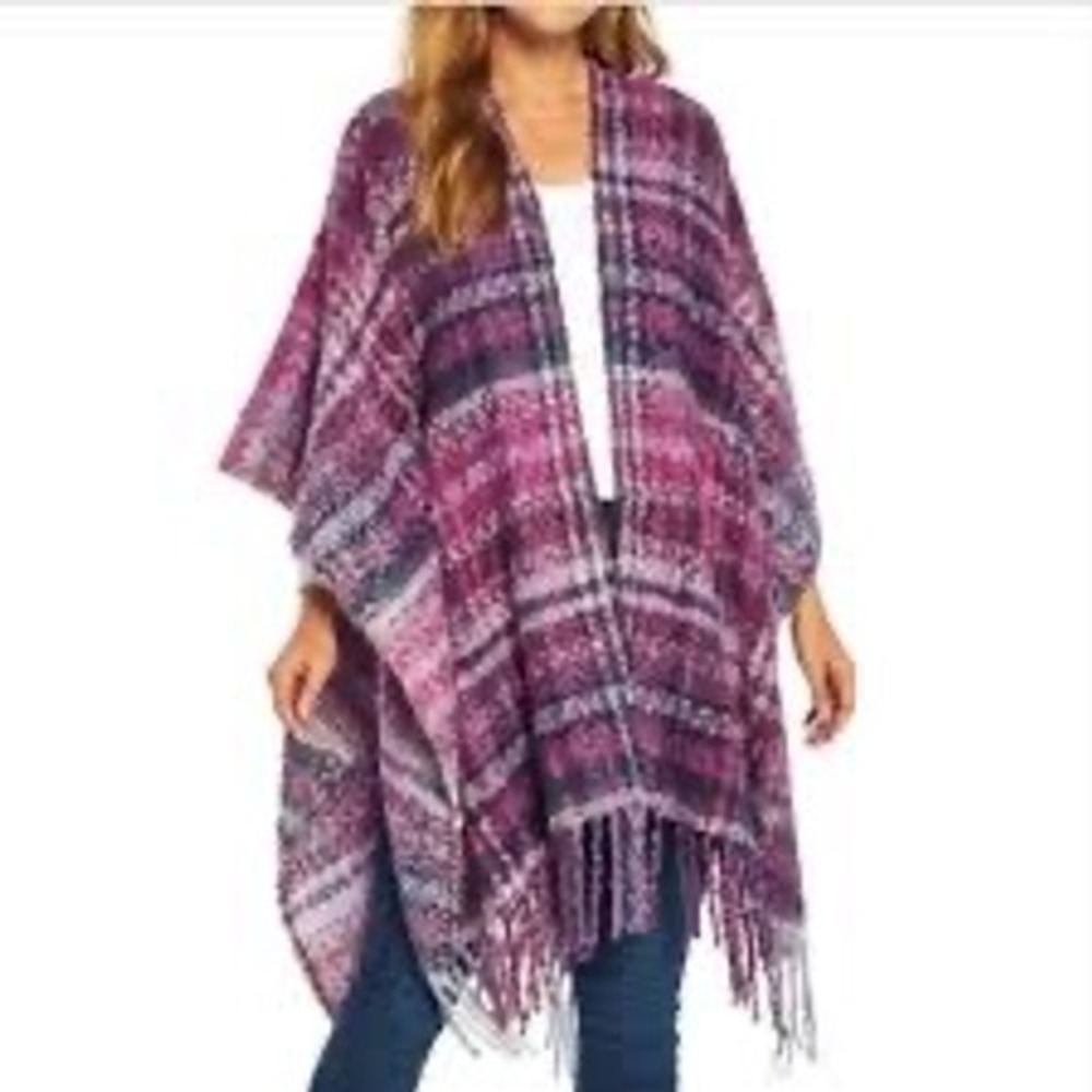 Woolrich Plaid Kimono Poncho Fringe Open Front One Size Women's Blanket‎ Purple